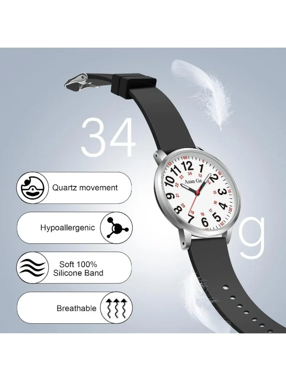 Women's Black White Silicone Strap Minimalist Waterproof Analog Fashion Watch